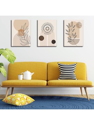 3'lü Bohem Kanvas Tablo Seti 1 - Modern Boho Duvar Dekoru - Geometrik ve Modern Çizgili 3 Parça Tablo (35 x 50 Cm)