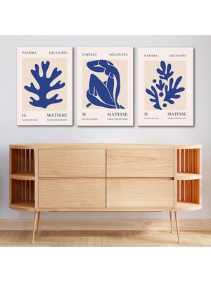 Henri Matisse 3'lü Kanvas Tablo Seti - Saks Mavisi Soyut Yaprak ve Figür Tasarımlı Modern Duvar Tablosu Seti, 35X50 cm