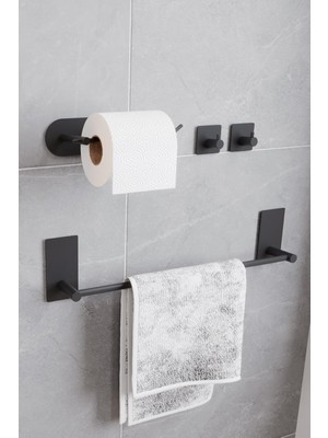 Paslanmaz Çelik Yapışkanlı Banyo Aksesuar Seti-Havluluk-Tuvalet Kağıdı Askısı-Bornoz Askılığı (Mat Siyah)