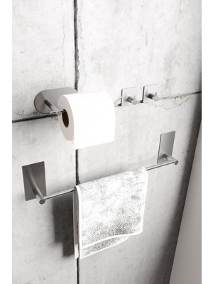 Paslanmaz Çelik Yapışkanlı Banyo Aksesuar Seti-Havluluk-Tuvalet Kağıdı Askısı-Bornoz Askılığı (Inoks)