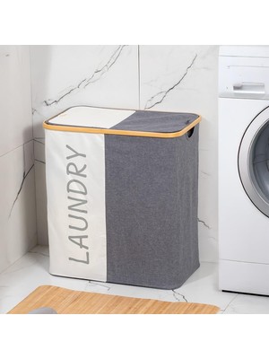 MIO-103 Bambu 2 Bölmeli Banyo Kirli Çamaşır Sepeti Banyo Düzenleyici Sepet 59X53,5 cm