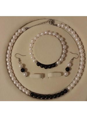 Siyah&amp;amp;amp;beyaz Inci Set, A Kalite Boncuk Inci Paslanmaz Çelik Kolye, Bileklik ve Küpe Takımı Multi Tek Ebat