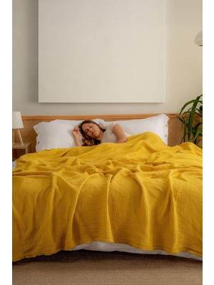 Premium 4 Kat Müslin Yatak Örtüsü – Oeko-Tex SERTIFIKALI%100 Türk Pamuğu, Dayanıklı ve Yumuşak Pike (Hardal, Queen Boy (Abd Standardı))