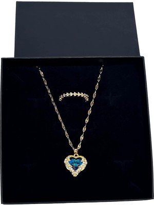 Kadın Paslanmaz Çelik Gold Zirkon Taşlı Kalp Kolye ve Taç Yüzük Set (Hediyelik)