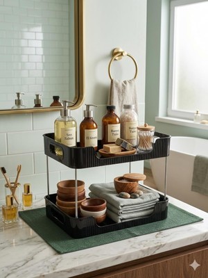 2 Katlı Organizer, Mutfak ve Banyo Için Çok Amaçlı Raf, Siyah, Tezgah Üstü Düzenleyici