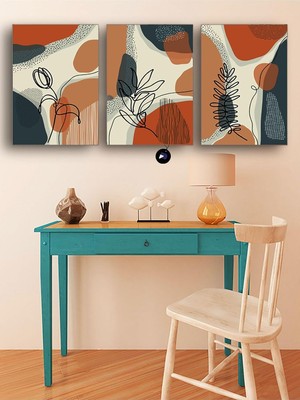 (PSTER136) Turuncu Soyut Yaprak ve Çiçek Üçlü Kanvas Tablo Seti, Premium 3'lü Canvas, 3 Parçalı Duvar Tablosu 21 x 30