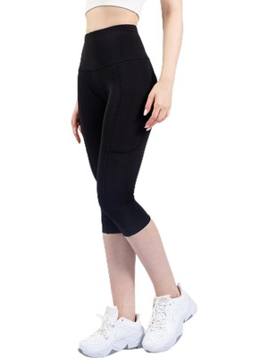 Snc Kadın Yüksek Bel Kapri Yoga Tayt, Polyester Spandeks, Toparlayıcı Özellikli, Cepli, Siyah, Spor ve Günlük Kullanım