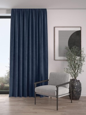 Kadife Dokulu Ekstrafor Büzgülü Lacivert Fon Perde, 300 x 260 cm