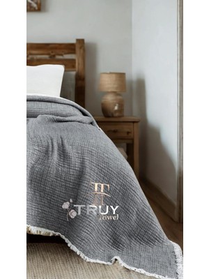%100 Pamuk 6 Katlı Müslin Yorgan Pike Yatak Örtüsü (Antrasit, 220X240Ç.KİŞİLİ)
