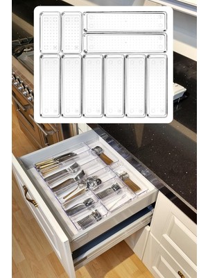 10'lu Set Modüler Kaşıklık Şeffaf Çekmece Içi Düzenleyici Mutfak Buzdolabı Organizer Düzenleyici Set Şeffaf 40 x 50