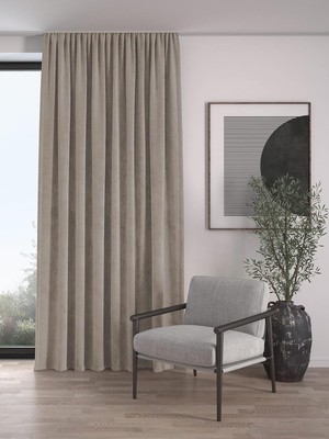 Kadife Dokulu Ekstrafor Büzgülü Fon Perde, 100 x 260 Cm, Açık Gri