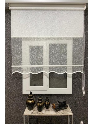 Çift Mekanizmalı Dal Desenli Tül ve Stor Perde, 205 x 200 Cm, Kırık Beyaz, Alüminyum Kasa İCL213-40