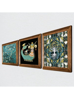 Hayat Ağacı, Van Gogh Badem Ağacı, Şahmeran Taş Duvar Tablosu - Ahşap Çerçeveli Taş Tablo - 25X25 cm - 3 Parça Set - Dekoratif Duvar Sanatı - Modern E