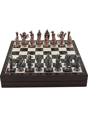 Büyük Boy Metal Ingiliz Satranç Takımı Antik ve Ceviz Desenli Sandıklı Mdf TAHTASI(36X36X6 Cm.)