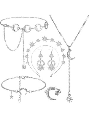 6 Adet Yıldız Halo Taç Ay Yıldız Kafa Bandı Kolye Kemer Damla Küpe Bilezik Yüzük Seti Kadınlar Için Boho Gelin Düğün