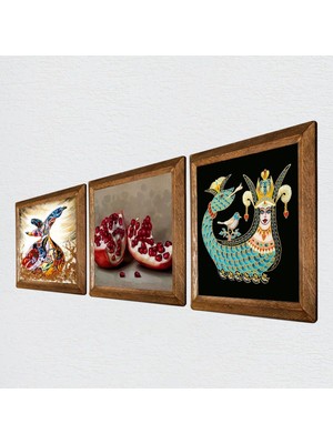Şahmeran, Semazen, Nar Taş Duvar Tablosu - Ahşap Çerçeveli Taş Tablo - 25X25 cm - 3 Parça Set - Dekoratif Duvar Sanatı - Modern Ev ve Ofis Duvar Dekor