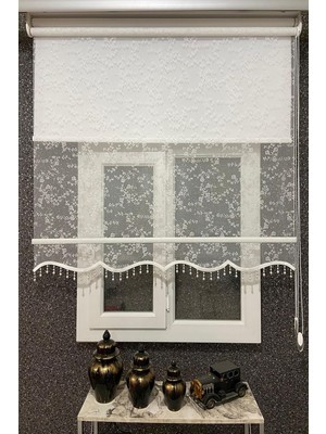 Çift Mekanizmalı Dal Desenli Tül ve Stor Perde, 160 x 200 Cm, Kırık Beyaz, Boncuklu İCL403-52
