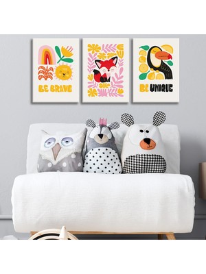 3'lü Çocuk Odası Kanvas Tablo Seti 9 - Bebek Odası Duvar Dekoru - Sevimli Illüstrasyon 3 Parça Tablo (25X35 Cm)