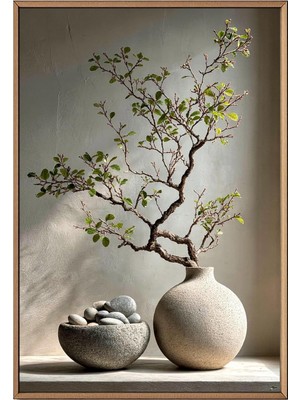 Duvar Tablosu 50X70 cm Ahşap Çerçeveli Wabi Sabi Doğa Temalı Dekoratif Tablo, Doğal Taş ve Bonsai Dalı Desenli Modern Zen Poster, Bej Toprak Tonları S