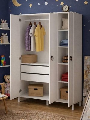 3 Kapılı, 2 Adet Gizli Çekmeceli Beyaz Gardırop, Elbise Dolabı, Çocuk Odası Dolabı