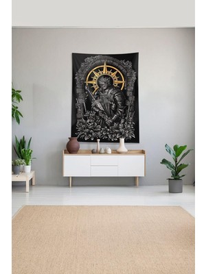 Happy Trend Siyah Şövalye Desenli Leke Tutmaz Kadife Kumaş Duvar Örtüsü Duvar Halısı Tapestry, 100 x 140