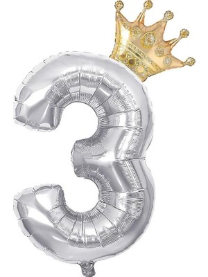 Happy Trend Gitti Gümüş 3 Rakam ve Gold Kral Tacı Folyo Balon Doğum Günü Parti Kutlama Seti
