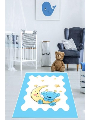 Pelangi Ay Dede ve Sevimli Ayı Desen Dijital Baskı Yıkanabilir Kaymaz Taban Mavi Çocuk ve Bebek Odası Halısı, Mavi 160 x 250
