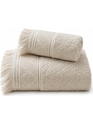 Happy Trend 2'li Banyo Havlu Seti -%100 Pamuk Jakarlı Büyük Boy Banyo Havlusu 90X150 cm - El Yüz Havlusu 50X90 cm - Yumuşak Püsküllü Çeyizlik Takım - Yüksek Emicilik - Kadın Erkek - Taş Rengi