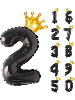 Happy Trend Gitti 2 Siyah Rakam Folyo 32"-34" Inc ve Kral Tacı Folyo Balon 10 Inc