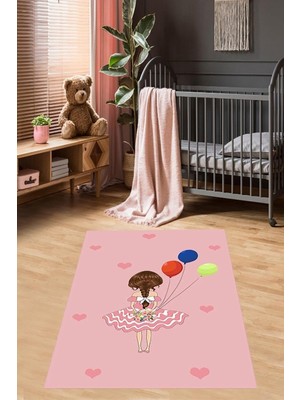 Pelangi Renkli Balonlu Kız Kalp Desenli Dijital Baskı Yıkanabilir Kaymaz Taban Genç Kız Çocuk Odası Halısı, Koyu Pembe 40 x 40