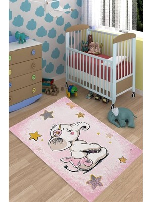 Pelangi Fil Desenli Bebek Odası Halısı Dijital Baskı Yıkanabilir Kaymaz Taban Leke Tutmaz Çocuk Odası Halısı, Toz Pembe 80 x 300