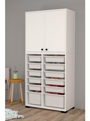 Rüya No.5 Modern Kullanışlı Beyaz Çift Katlı Kapaklı Sepetli Oyuncak Dolabı