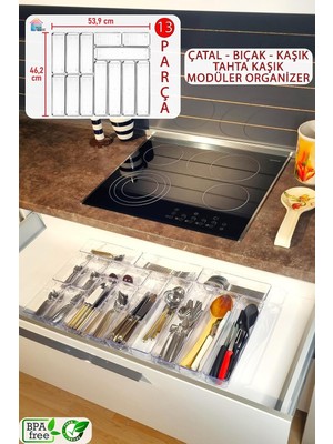 13'lü Set Modüler Kaşıklık Organizer Çekmece Içi Şeffaf Düzenleyici Tahta Kaşık Drawer Organizer Şeffaf 49 x 59