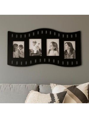 Duvar Fotoğraf Çerçevesi Film Rulo Desenli Fotoğraf Çerçeve Ahşap 4 Fotoğraf Kapasiteli Pano Siyah