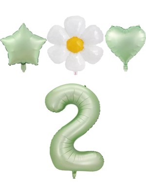 Happy Trend Yaş Su Yeşili Renk Rakam Yıldız Kalp ve Papatya Folyo Balon Seti