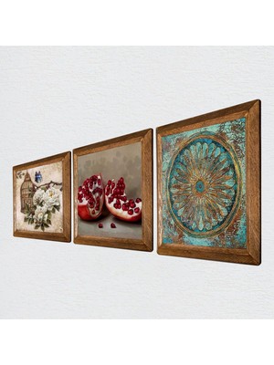 Yaşam Çiçeği, Kelebekli Çiçek, Nar Taş Duvar Tablosu - Ahşap Çerçeveli Taş Tablo - 25X25 cm - 3 Parça Set - Dekoratif Duvar Sanatı - Modern Ev ve Ofis