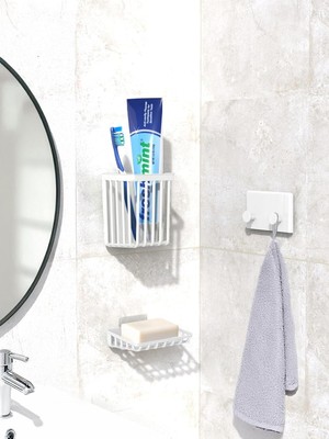 3 Lü Yapışkanlı Banyo Düzenleyici Diş Fırçalık Sabunluk Askılık Takımı Banyo Duvar Rafı Organizer Beyaz