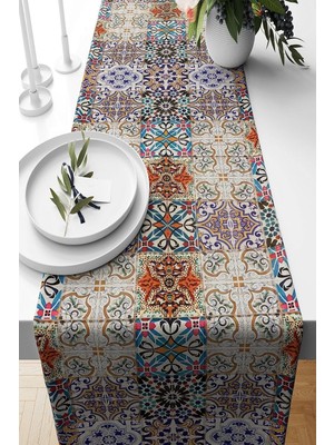 Happy Trend Çini Desenli Leke Tutmaz Kumaş Salon Mutfak Masa Değişik Ranır Modelleri Runner, Kahverengi 40 x 140