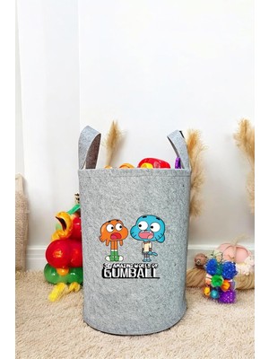 Gumbal Baskılı Oyuncak Sepeti, Keçe Bebek ve Çocuk Odası Düzenleyici, Dekoratif Saklama Sepeti, Gri