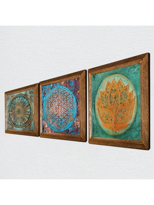Lotus Çiçeği, Yaşam Çiçeği Taş Duvar Tablosu - Ahşap Çerçeveli Taş Tablo - 25X25 cm - 3 Parça Set - Dekoratif Duvar Sanatı - Modern Ev ve Ofis Duvar D