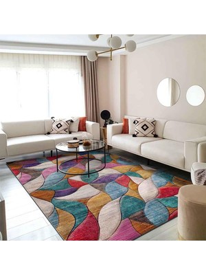 Happy Trend Dizayn Duena Desenli Kadife Pamuk Tabanlı Yıkanabilen Kaydırmaz Antibakteriyel Salon Halısı 120X180
