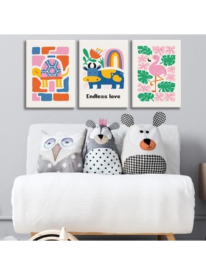 3'lü Çocuk Odası Kanvas Tablo Seti 7 - Bebek Odası Duvar Dekoru - Sevimli Illüstrasyon 3 Parça Tablo (25X35 Cm)
