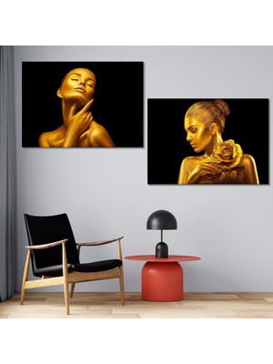 2'li Altın Kadın Portresi Kanvas Tablo Seti - Modern Lüks Duvar Dekoru, 70X50 cm