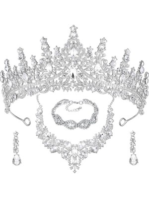 4 Adet Kostüm Takı Setleri Gelin Düğün Kristal Kraliçe Kron Rhinestone Kolye Dangle Küpe Bağlantı Bilezik Seti