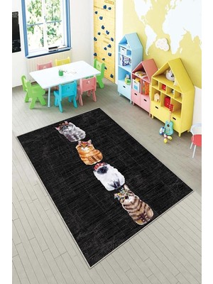 Pelangi Siyah Kedi Desenli Çocuk Yıkanabilir Kaymaz Taban Leke Tutmazbebek ve Çocuk Odası Halısı, Siyah 100 x 600, 901357136100600