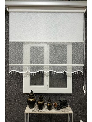 Çift Mekanizmalı Tomurcuk Dal Desenli Tül ve Stor Perde, 200 x 200 Cm, Kırık Beyaz, Boncuklu İCL212-13