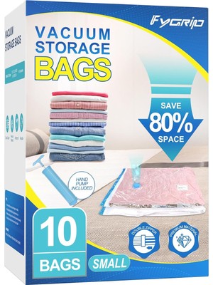 El Pompalı 10'lu Paket Küçük Vakumlu Saklama Torbaları, Plastik Ambalaj Torbaları, Giyim Için% 80 Yer Tasarruflu Vakum Mühür Torbaları, Seyahat Luggga