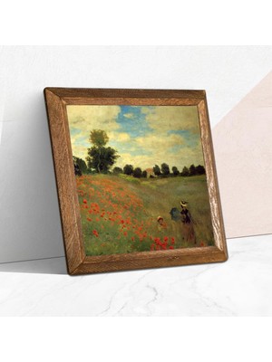 Claude Monet Gelincikler Taş Duvar Tablosu - Ahşap Çerçeveli Taş Tablo - 25X25 cm - Dekoratif Duvar Sanatı - Modern Ev ve Ofis Duvar Dekoru W1-247