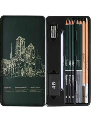 Karakalem Seti 10 Parça 1 Paket Teneke Metal Kutu Eskiz Çizim Seti Kara Kalem