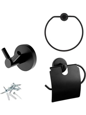 Metal Sağlam Aparat Vidalı Lavabo Banyo Wc Bez Havlu Çatal Askı Siyah Tuvalet Kağıtlık 3'lü Set